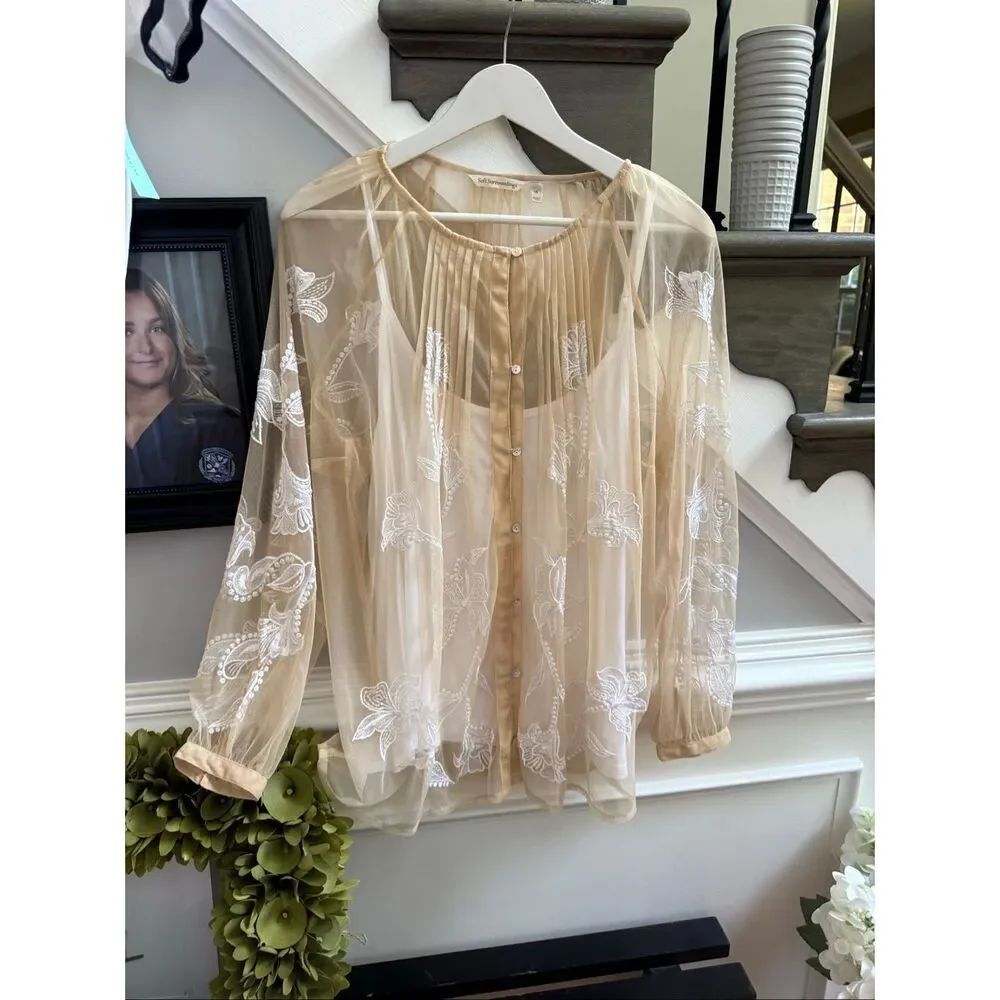 Soft Surroundings Nude Sheer Mesh Embroidered 2Pc. Blouse 1X EUC